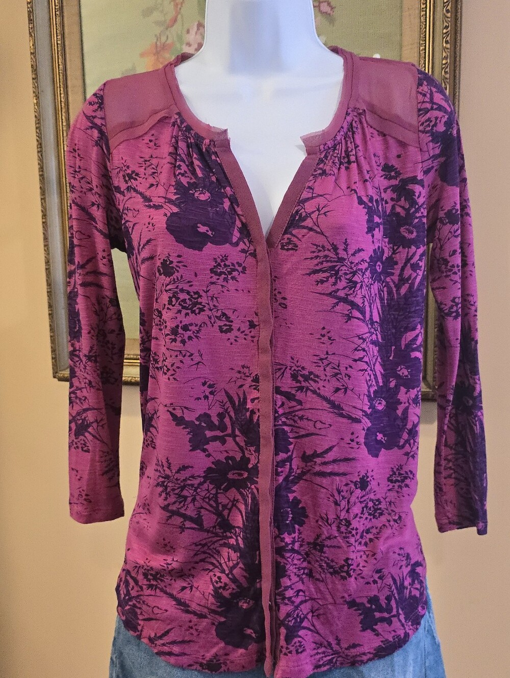 Lucky Brand Pink Button Down 3/4 Sleeve Blouse